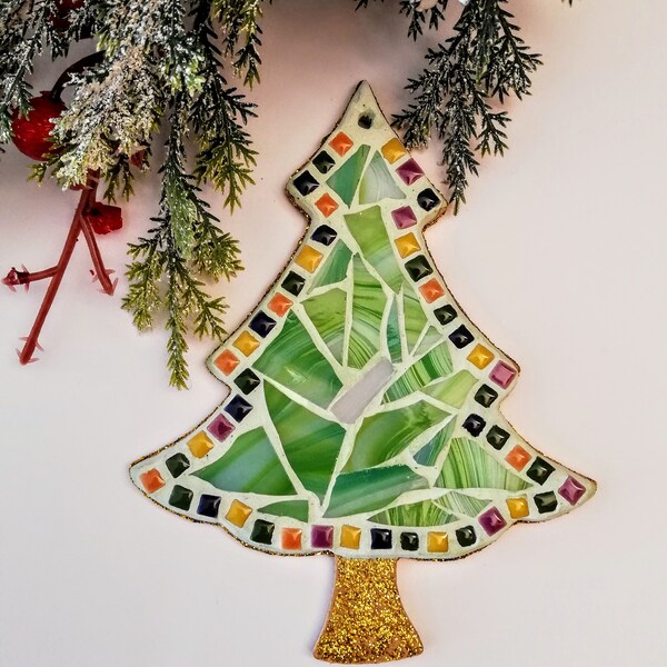 Christmas home decor, Colorful green tree ornament, Happy little tree art for the wall, Unique handmade piece, Mosaic green Christmas tree
