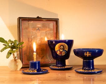 Ceramic Christian set for iconostasis, Vigil oil lamp, censer, candleholder