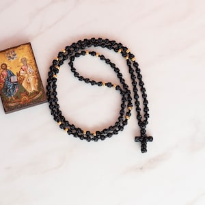 Semi spaced knotted prayer rope, Black with gold or silver beads komboskini, Eastern chotki, Religious Christmas gift idea for him for her 100 knots