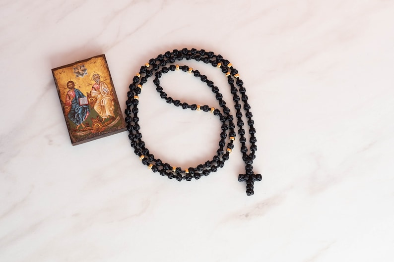 Semi spaced knotted prayer rope, Black with gold or silver beads komboskini, Eastern chotki, Religious Christmas gift idea for him for her 100 knots