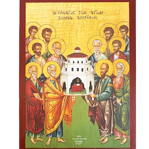 May include: Religious icon featuring figures with halos surrounding a central structure. The figures are depicted in various robes of red, gold, and green. The background is gold with text at the top, all within a dark red frame.