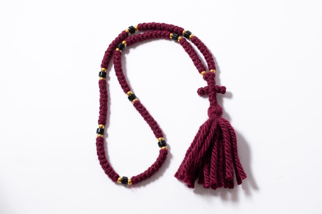 Burgundy Prayer Rope With Black Beads Every 10 Knots | Red Religious ...