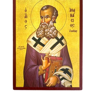 Icoon van heilige Athanasios: op papier bedrukte houten orthodoxe kunst