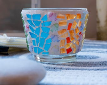 Maritime Mosaic Candle Holder: Stained Glass Nautical Decor