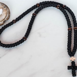 Orthodox Prayer Rope: Black Komboskini with Wooden Beads