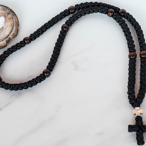 Greek Orthodox knotted komboskini, Christian Black prayer rope wooden beads Eastern  Religious handmade unique spiritual gift for him, jesus