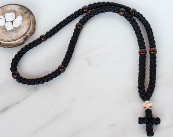 Komboskini anudado ortodoxo griego, cuerda de oración negra cristiana cuentas de madera Religioso oriental hecho a mano regalo espiritual único para él, jesús