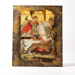 Saint George and the Dragon icon, Orthodox Christian Martyr, Saint George of Lydda wooden icon, San Giorgio decoupage art, Sfântul Gheorghe.