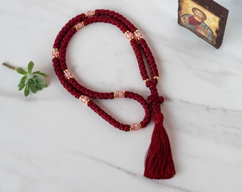 Burgundy prayer rope Christmas religious gift Christening one of a kind present Orthodox eastern rosary Brojanica Chotki Red komboskini