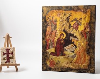 Handmade Nativity of Christ Icon, Jesus Birth Greek Orthodox Religious Wall Art