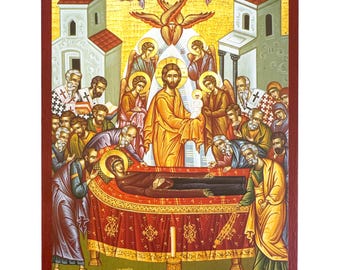 Icono de la Dormición de la Theotokos, impreso en papel liso, icono bizantino.