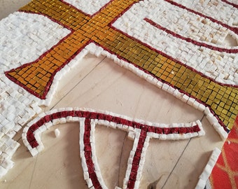 Byzantine marble cross mosaic, Jesus Alpha Omega Cross, Crucifixion luxury decor