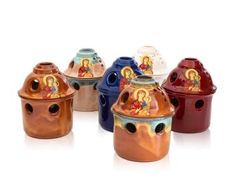 Ceramic Vigil Lamp, Greek Virgin Mary kandili for daily use at prayer corner