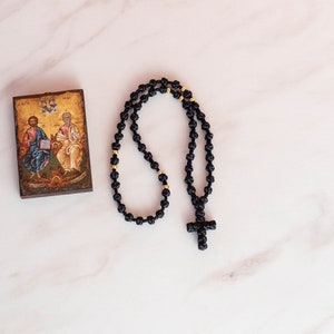 Semi spaced knotted prayer rope, Black with gold or silver beads komboskini, Eastern chotki, Religious Christmas gift idea for him for her image 6