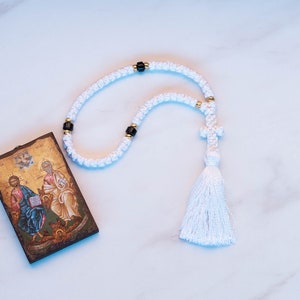 White Komboskini Prayer Rope with Black Beads: Orthodox Cross & Tassel