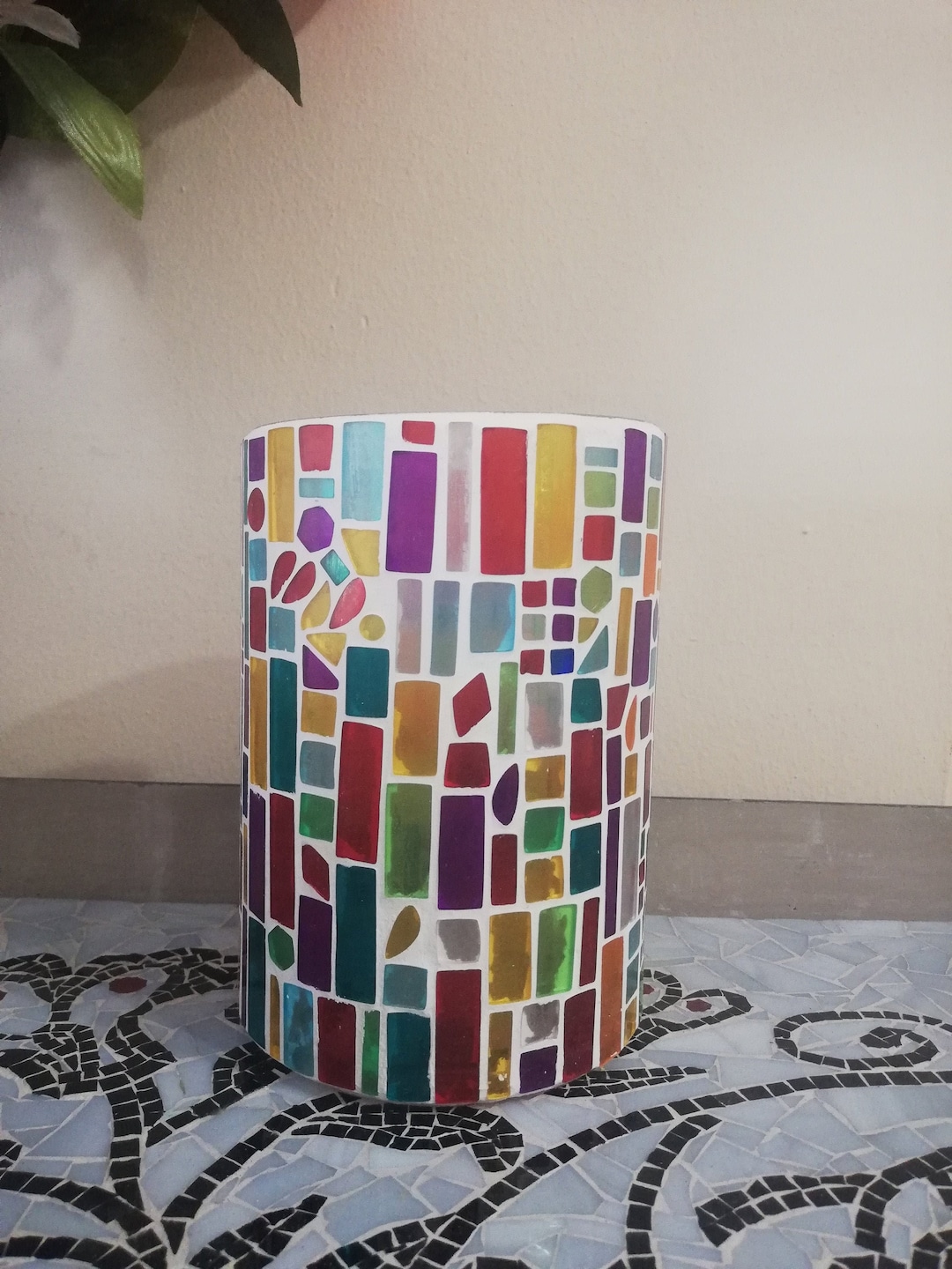 Cylindrical Mosaic Votive Candle Holder, Large Stained Glass Decor
