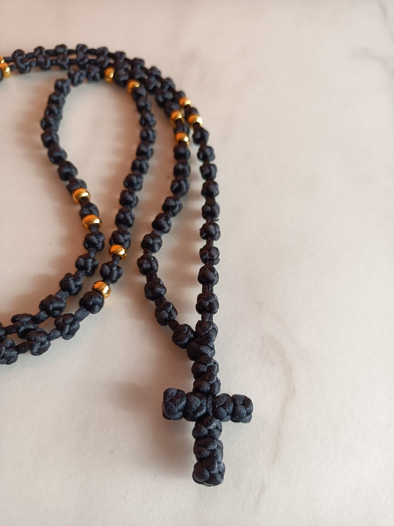 Semi spaced knotted prayer rope, Black with gold or silver beads komboskini, Eastern chotki, Religious Christmas gift idea for him for her image 9