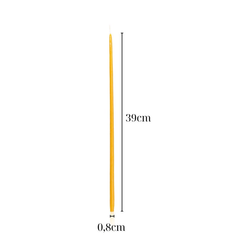 May include: A long, slender yellow taper candle with a smooth, cylindrical body and a pointed wick at the top. A vertical measurement line indicates a height of 39 cm, while a horizontal line at the base shows a diameter of 0.8 cm.