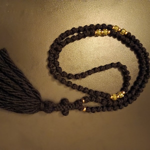 Black wool semi spaced Prayer rope with yellow beads cross and tassel - Traditional style eastern chotki  Orthodox Christian present for him