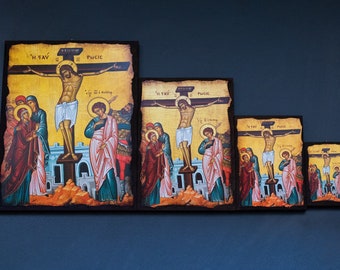 Aged Wooden Crucifixion Icon, Religious Christian Art