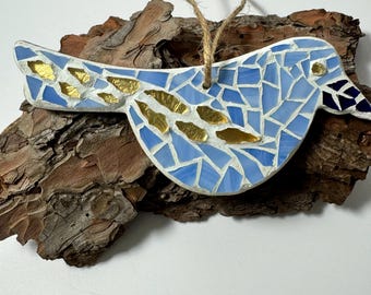 Hanging Mosaic bird, Blue stained glass ornament,