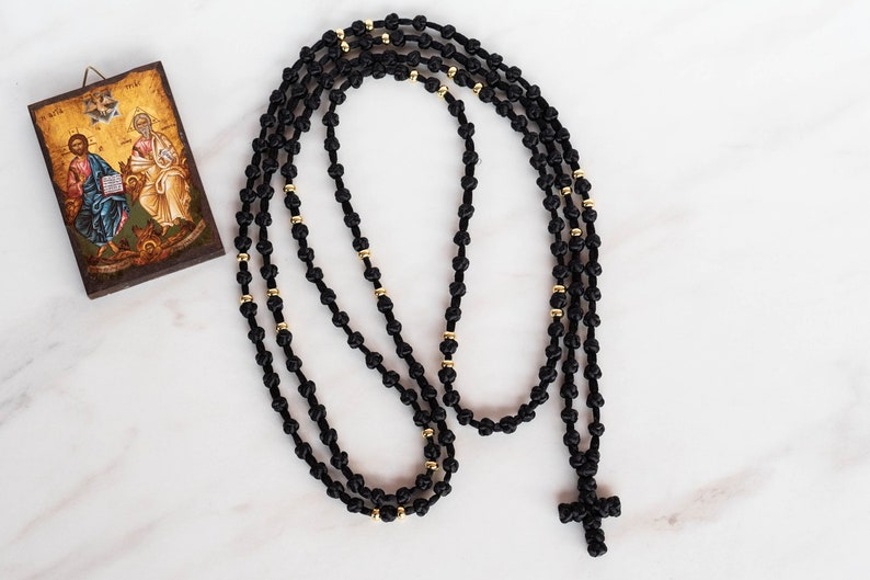 Semi spaced knotted prayer rope, Black with gold or silver beads komboskini, Eastern chotki, Religious Christmas gift idea for him for her 150 knots