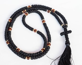 Black Floss Prayer Rope: Orthodox Brojanica with Honey Beads