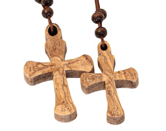 Small hand carved Cross Necklace, Jesus Christ Pendant, Olive wood orthodox pendant