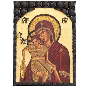 Handmade Orthodox Icon of the Holy Theotokos Holding Baby Jesus, Gold Metal Leaf & Wooden Carvings, Heartwarming Wedding Gift FREE SHIPPING
