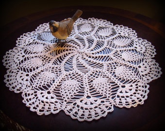 Crochet Doily in White--Pinwheels and Pineapples with Beautiful Fan Edging--21&quot; Table Topper