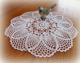 White Crochet Doily--Flower Center--Pretty Pineapple Doily--14-1/2"--Free Shipping
