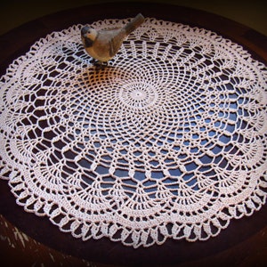 May include: A delicate, off-white crocheted doily with a circular design. The doily has a central circle with radiating spokes and a scalloped edge.