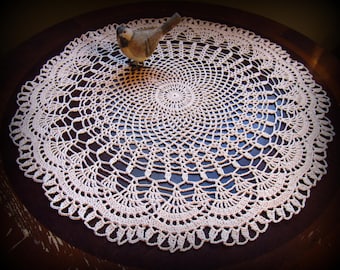Large Ecru/Natural Crochet Doily with Beautiful Fan Edging--19-1/2" Table Topper--New Handmade