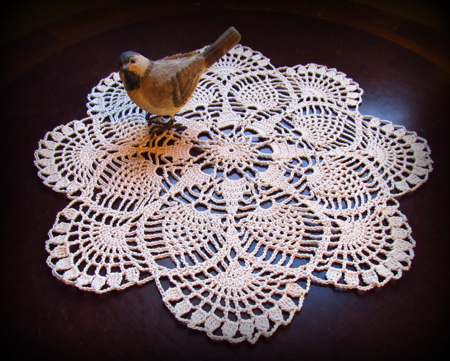 Ecru Crochet Doily--Lovely Pineapple Doily with Scalloped Fan Edging--14"