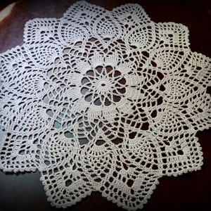 May include: A white crocheted doily with a circular design and a scalloped edge.