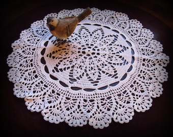 White Crochet Doily--19"--Window Panes and Fans--Scalloped Edge