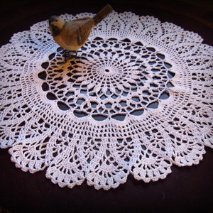 May include: A cream-colored, crocheted doily with an intricate openwork design. A small, wooden bird figurine is perched on the doily. The doily has a scalloped edge and is placed on a dark surface. The overall theme is vintage home decor.