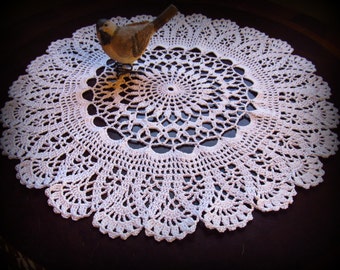 Crochet Doily in White--19"--Window Panes and Fans--Scalloped Edge