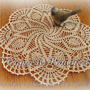 Puede incluir: Un encaje de ganchillo beige con un diseño de molinete. El encaje se llama "Tropical Pinwheel" y es un diseño original de Dawn Schanz - The Delicate Stitch.