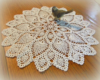 Large White Crochet Doily--Pretty Pointed Pineapple Doily--20" Table Topper