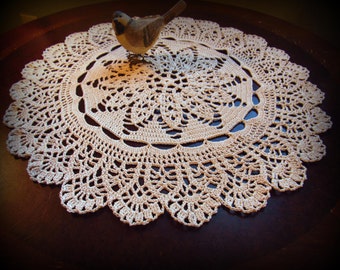 Ecru Crochet Doily--15"--Window Panes and Fans--Scalloped Edge