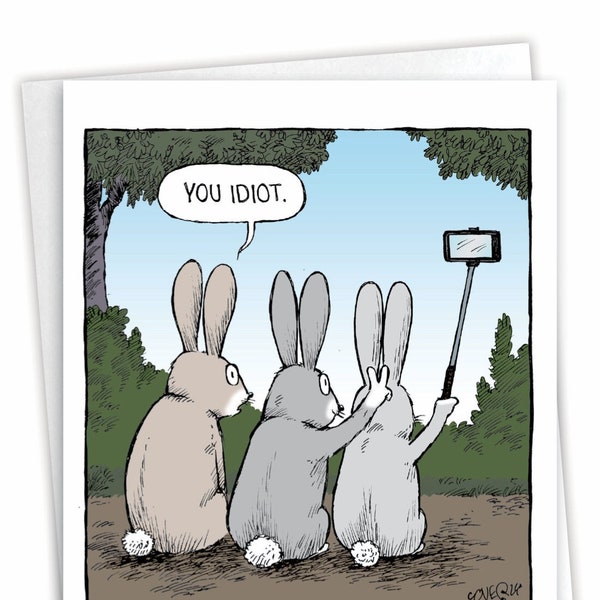 Funny Easter Paper Card w/ Envelope - Bunny Selfies - Rabbits in Forest Taking Pic w/ Cellphone, For Him For Her