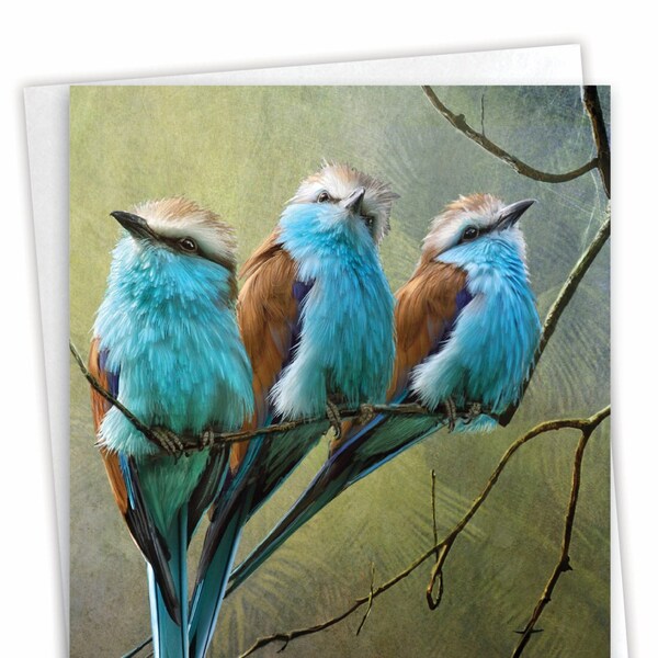 Miss You Greeting Card w/5"x7" Envelope (1 Card) Thinking of You, Just Because Birds and Branches - Trio of Blue-Breasted Birds on Branches