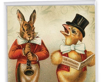 Funny BunniesVintage Style Easter Greeting w/ Envelope ( 8.5 x 11 Inch )  Retro Bunny and Chick Playing Music, For Him For Her