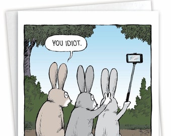 Funny Easter Paper Card w/ Envelope - Bunny Selfies - Rabbits in Forest Taking Pic w/ Cellphone, For Him For Her