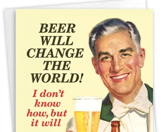 Funny Birthday Stepfather Greeting Card (Stepfather, Stepchild) with Envelope (1 Card) Retro Beer, For Him For Her