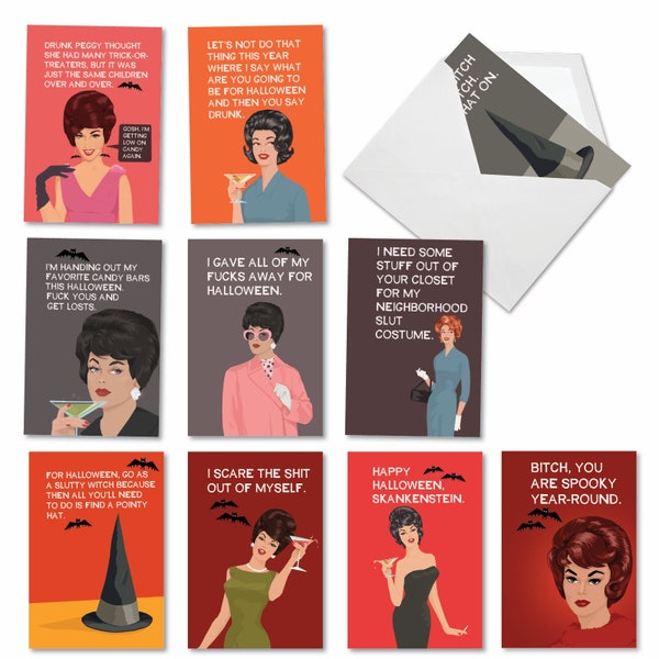 10 Assorted  Set Funny Halloween Greeting Cards - Scary and Blunt - Retro Snarky Women Celebrating Halloween with Bats and Booze