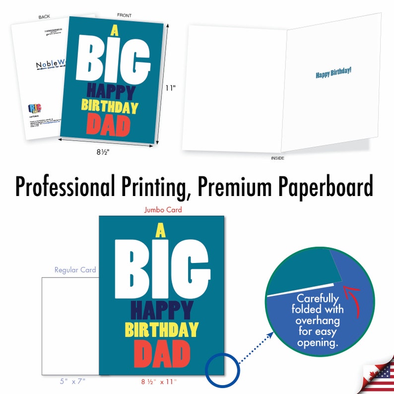 Puede incluir: Una tarjeta de cumplea&ntilde;os de tama&ntilde;o jumbo con un fondo azul verdoso y texto blanco que dice "A Big Happy Birthday Dad". La tarjeta mide 21,6 cm por 27,9 cm.