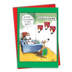 1 Funny Christmas Paper Card w/ Envelope Merry Christmas Holiday Complainers - Reindeer in Santa&#39;s Office, For Him For Her - NobleWorks