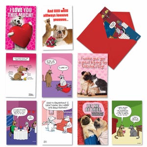 10 Assorted  Set Hysterical Valentine&#39;s Day Greeting Cards - Animal Attractions - Funny Drawings of Dogs, Cats, and Poodles in Love